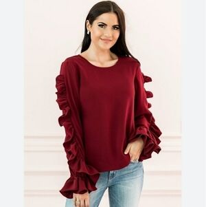 Rachel Parcell 5th Street Blouse Burgundy Red Classy Ruffle Zip Back Womens XXS